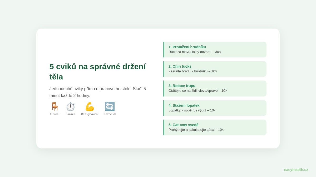 5 cviků na správné držení těla v kanceláři - infografika