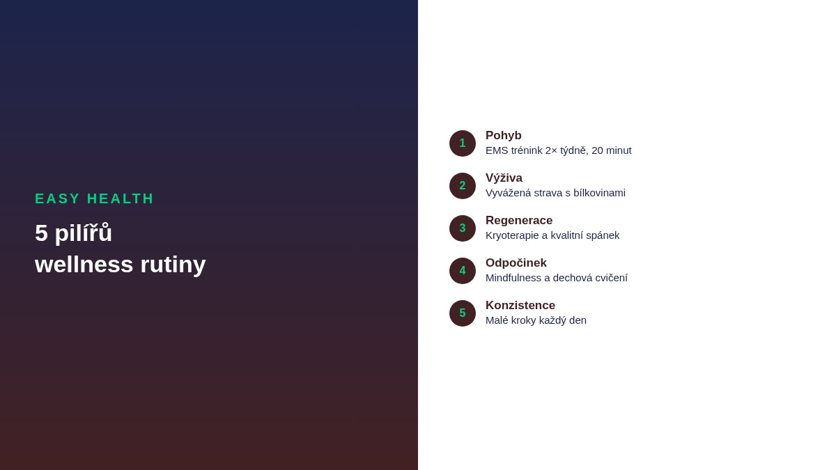 5 pilířů wellness rutiny - pohyb, výživa, regenerace, odpočinek, konzistence