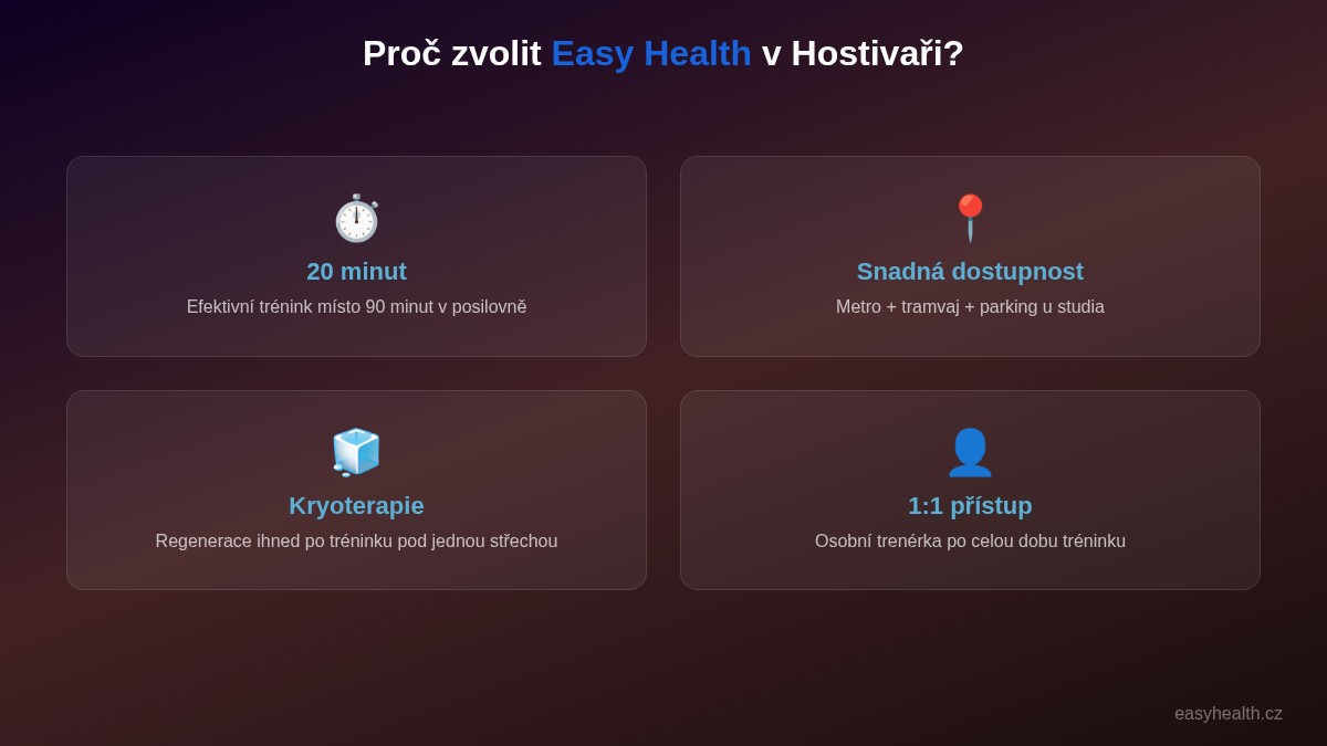 Výhody EMS studia Easy Health v Praze 10 Hostivaři – 20minutový trénink, snadná dostupnost, kryoterapie, osobní přístup