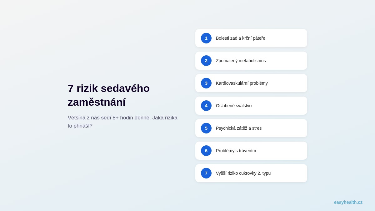 7 rizik sedavého zaměstnání – přehled zdravotních dopadů