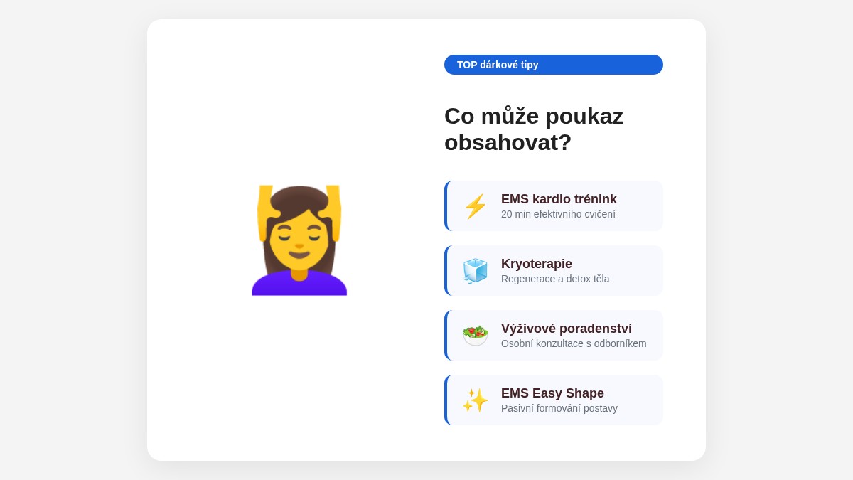 Přehled služeb, které může wellness dárkový poukaz obsahovat – EMS trénink, kryoterapie, výživové poradenství a EMS Easy Shape