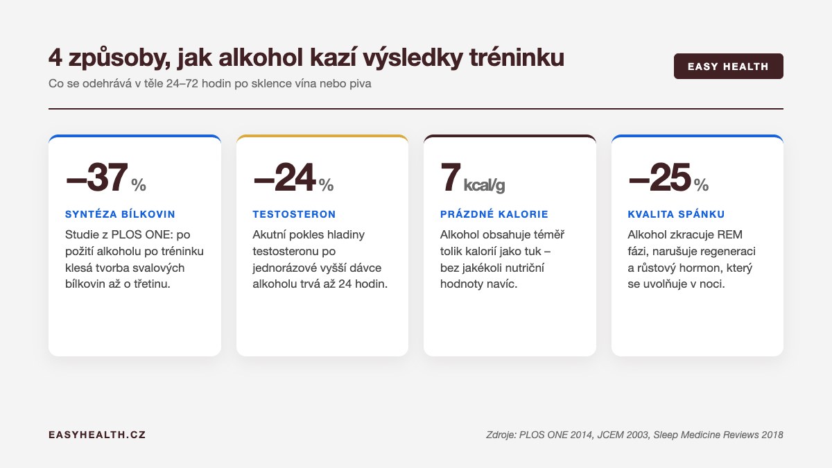 Infografika: 4 způsoby, jak alkohol kazí výsledky tréninku – pokles syntézy bílkovin o 37 %, testosteronu o 24 %, kvality spánku o 25 %, kalorická hustota 7 kcal/g