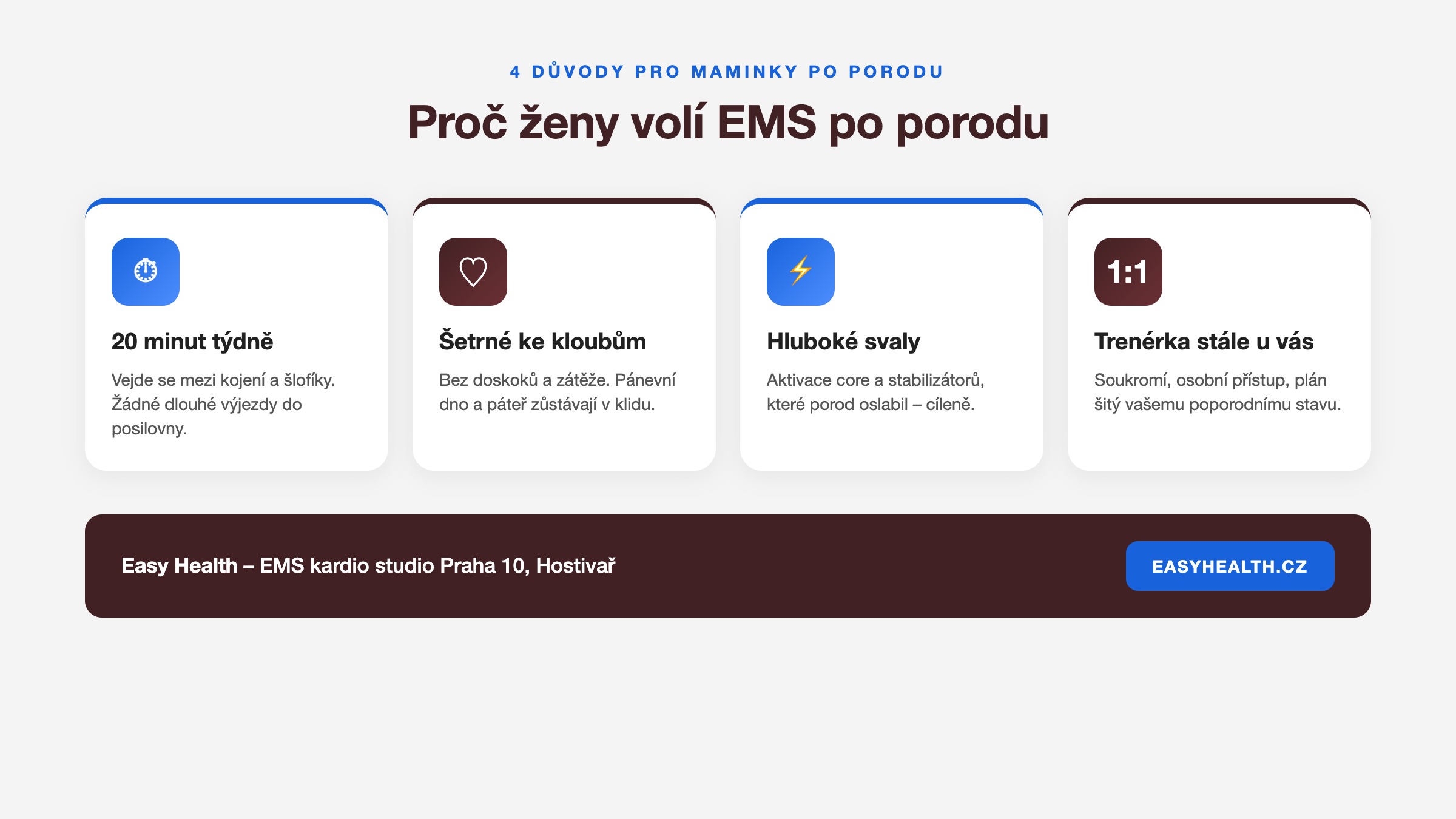 4 důvody proč ženy po porodu volí EMS trénink: 20 minut týdně, šetrné ke kloubům, aktivace hlubokých svalů, osobní přístup 1:1