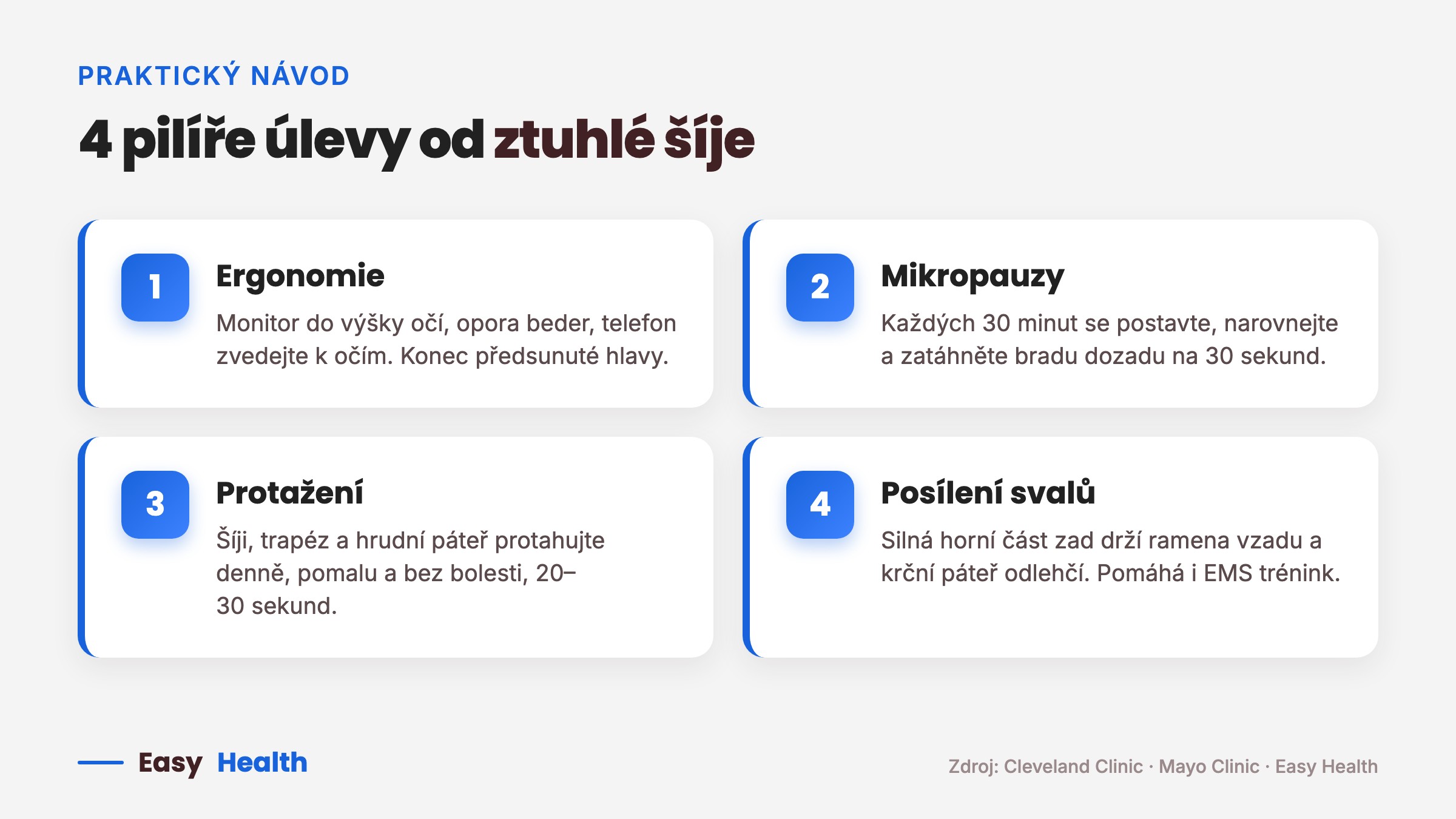 4 pilíře úlevy od ztuhlé šíje a bolesti krční páteře – ergonomie, mikropauzy, protažení, posílení svalů