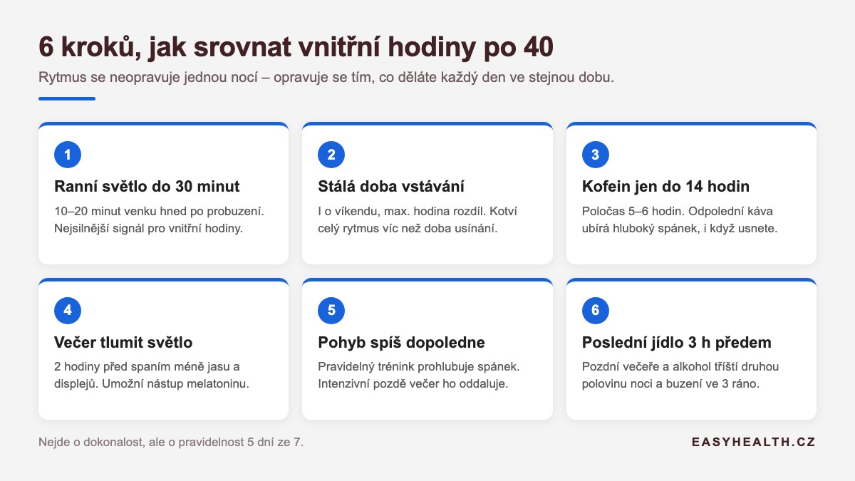 Infografika: 6 kroků, jak srovnat cirkadiánní rytmus po 40 – ranní světlo, stálé vstávání, kofein do 14 h, tlumené světlo večer, pohyb dopoledne, večeře 3 h předem