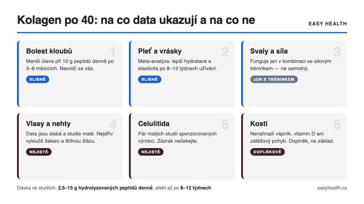 Infografika: kolagen po 40 – přehled důkazů u bolesti kloubů, pleti, svalů, vlasů, celulitidy a kostí včetně dávkování 2,5–15 g peptidů denně