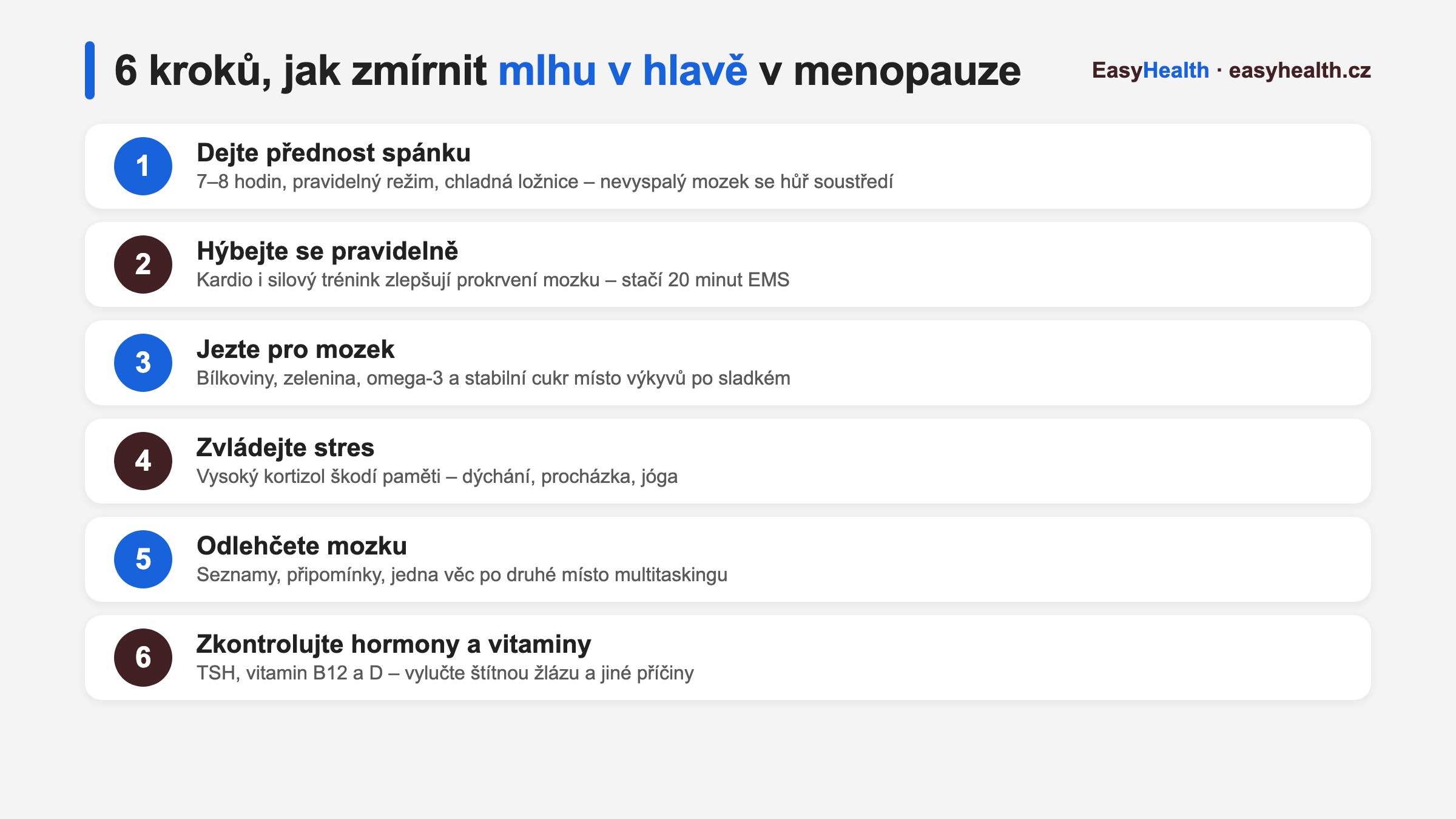 Infografika: 6 kroků, jak zmírnit mlhu v hlavě v menopauze – spánek, pohyb, strava pro mozek, stres, trénink mozku, vyšetření