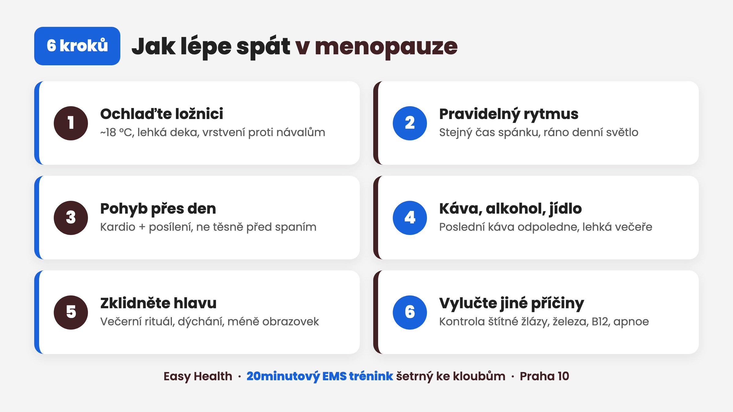 Infografika: 6 kroků, jak lépe spát v menopauze – ochlaďte ložnici, pravidelný rytmus, pohyb, káva a jídlo, zklidnění, vyloučit jiné příčiny